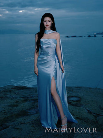 Simple Satrpless Blue Satin Mermaid Long Evening Prom Dresses, MR9396