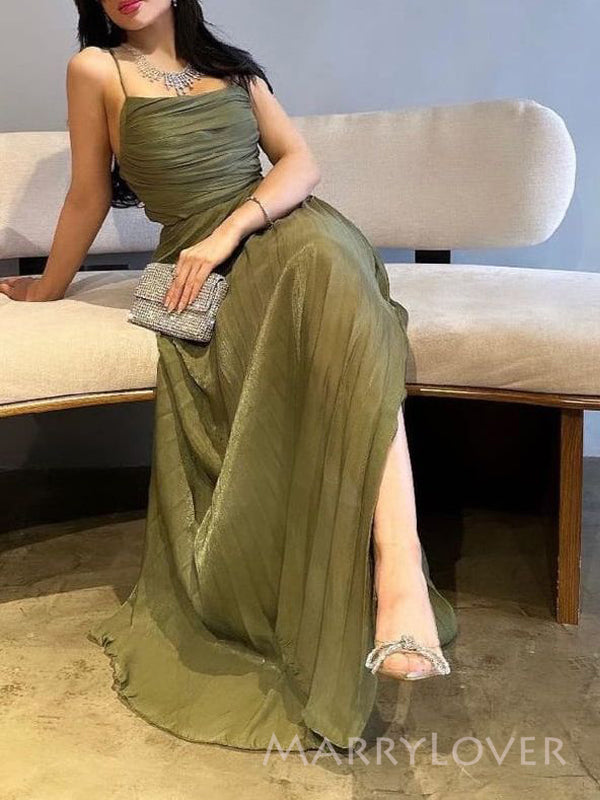 Simple Green A-line Spaghetti Straps Long Evening Prom Dresses, MR9399