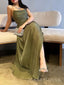 Simple Green A-line Spaghetti Straps Long Evening Prom Dresses, MR9399