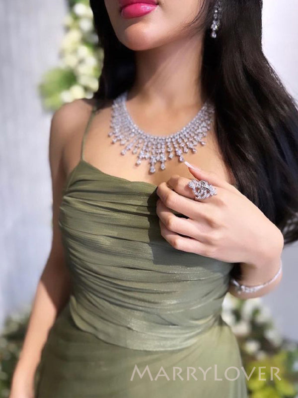 Simple Green A-line Spaghetti Straps Long Evening Prom Dresses, MR9399