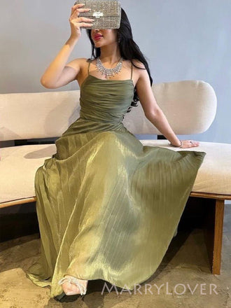 Simple Green A-line Spaghetti Straps Long Evening Prom Dresses, MR9399