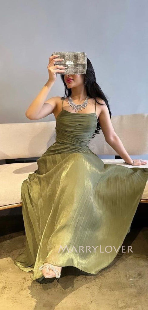 Simple Green A-line Spaghetti Straps Long Evening Prom Dresses, MR9399