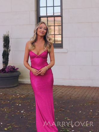 Sparkly Mermaid Pink Jersey Long Evening Prom Dresses, V-neck prom dress, MR9400