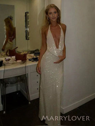 Sparkly White Mermaid Long Evening Prom Dresses, Backless V-neck prom dress, MR9402