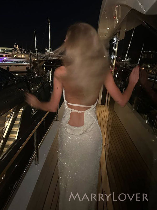 Sparkly White Mermaid Long Evening Prom Dresses, Backless V-neck prom dress, MR9402