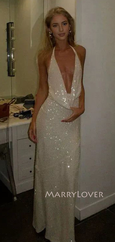 Sparkly White Mermaid Long Evening Prom Dresses, Backless V-neck prom dress, MR9402