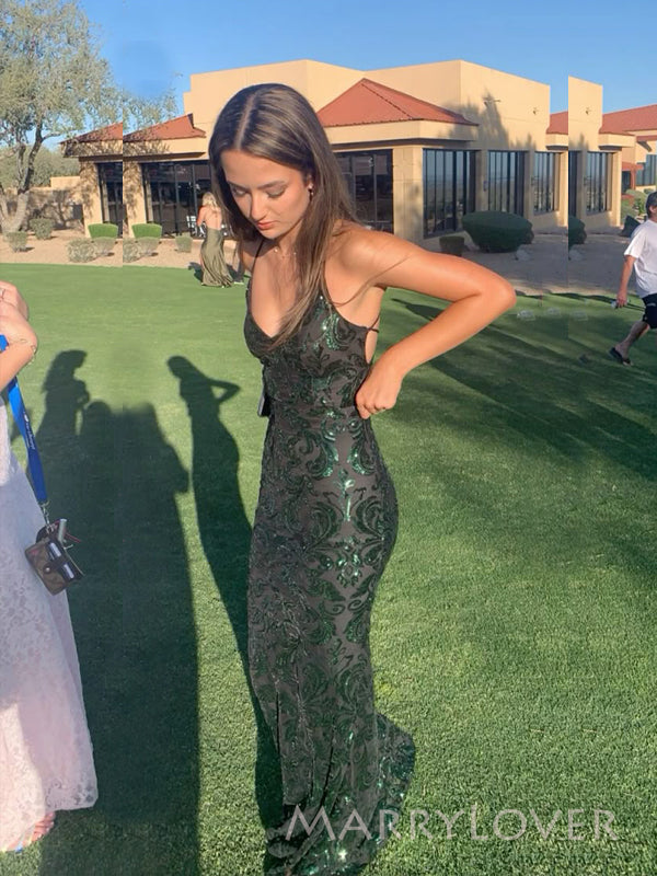 Sexy Green Lace Sparkly Mermaid Long Evening Prom Dresses, V-neck prom dress, MR9407