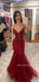Elegant Burgundy Tulle Appliques V-neck Long Evening Prom Dresses, Mermaid Prom Dress, MR9410