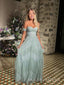 Gorgeous Off Shoulder A-line Blue Long Evening Prom Dresses, MR9411