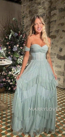 Gorgeous Off Shoulder A-line Blue Long Evening Prom Dresses, MR9411
