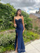 Sheath Navy Blue Mermaid Long Evening Prom Dresses, Side Slit prom dress, MR9412