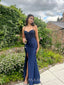 Sheath Navy Blue Mermaid Long Evening Prom Dresses, Side Slit prom dress, MR9412