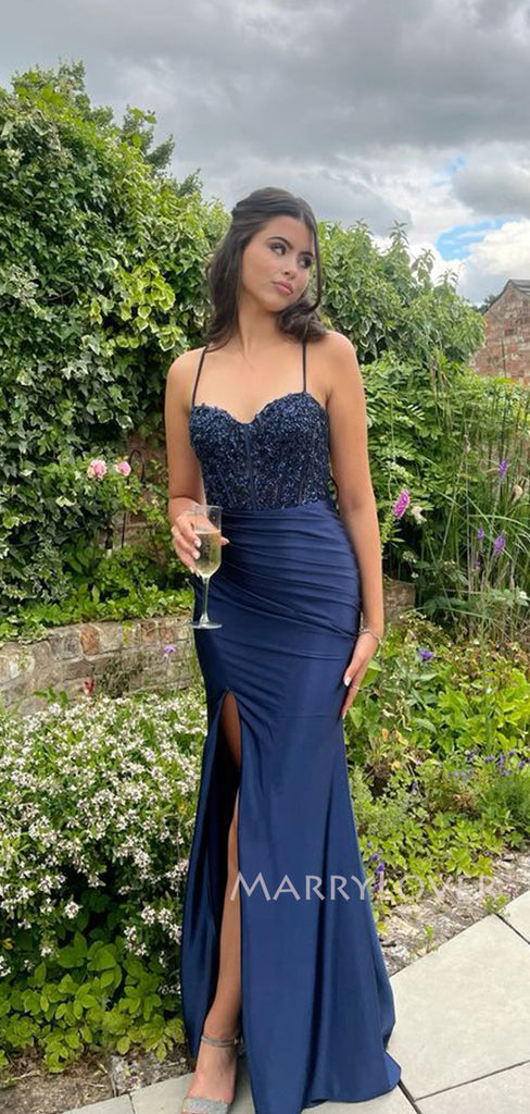 Sheath Navy Blue Mermaid Long Evening Prom Dresses, Side Slit prom dress, MR9412