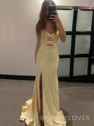 Mermaid Gold Sparkly Sweetheart Long Evening Prom Dresses, Side Slit prom dress, MR9418