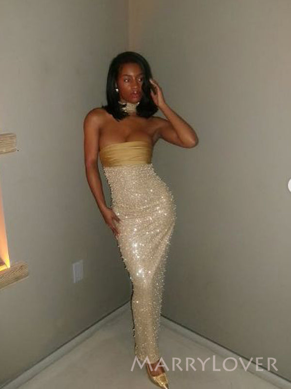Sexy Gold Mermaid Strapless Long Evening Prom Dresses, MR9419