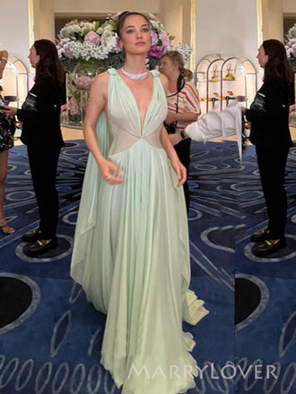 Deep V-neck A-line Sage Green Chiffon Long Evening Prom Dresses, MR9424