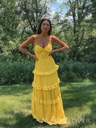 A-line Yellow Spaghetti Straps Long Evening Prom Dresses, MR9425