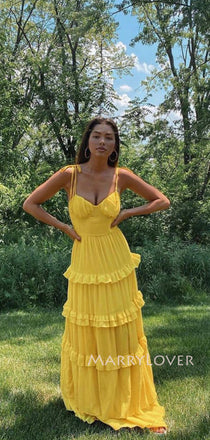 A-line Yellow Spaghetti Straps Long Evening Prom Dresses, MR9425