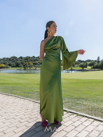 Elegant Long Sleeves Green Satin Long Evening Prom Dresses, One Shoulder Prom Dress, MR9426