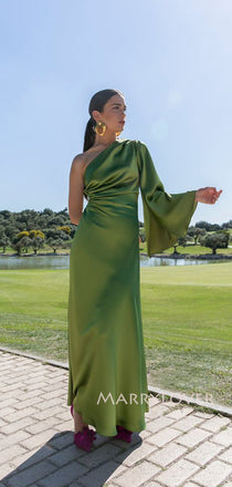 Elegant Long Sleeves Green Satin Long Evening Prom Dresses, One Shoulder Prom Dress, MR9426