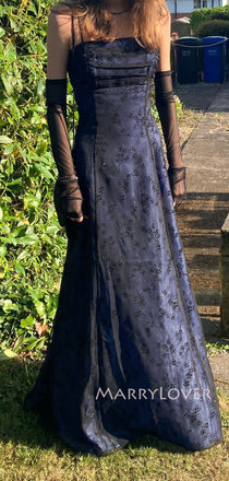 Goegeous Black Lace Blue Spaghetti Straps Long Evening Prom Dresses, MR9427