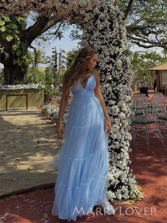 Blue Tulle A-line Long Evening Prom Dresses, V-neck Prom Dress, MR9431
