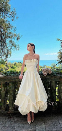 Strapless Ivory Satin Long Evening Prom Dresses, A-line Wedding Dress, MR9433