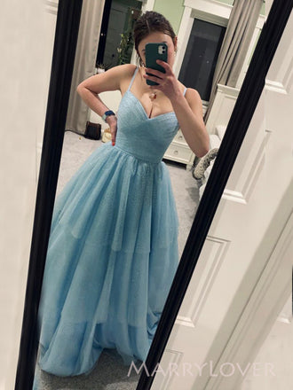 Sparkly Blue Tulle A-line Long Evening Prom Dresses, Spaghetti Straps Prom Dress, MR9434