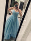 Sparkly Blue Tulle A-line Long Evening Prom Dresses, Spaghetti Straps Prom Dress, MR9434