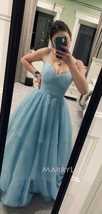 Sparkly Blue Tulle A-line Long Evening Prom Dresses, Spaghetti Straps Prom Dress, MR9434