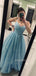 Sparkly Blue Tulle A-line Long Evening Prom Dresses, Spaghetti Straps Prom Dress, MR9434