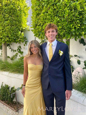 Gold Satin Mermaid Spaghetti Straps Long Evening Prom Dresses, MR9435