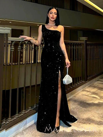 Black Sequins Mermaid One Shoulder Side Slit Long Evening Prom Dresses, MR9437