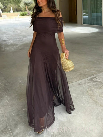 Simple Off Shoulder Chiffon Long Evening Prom Dresses, MR9439