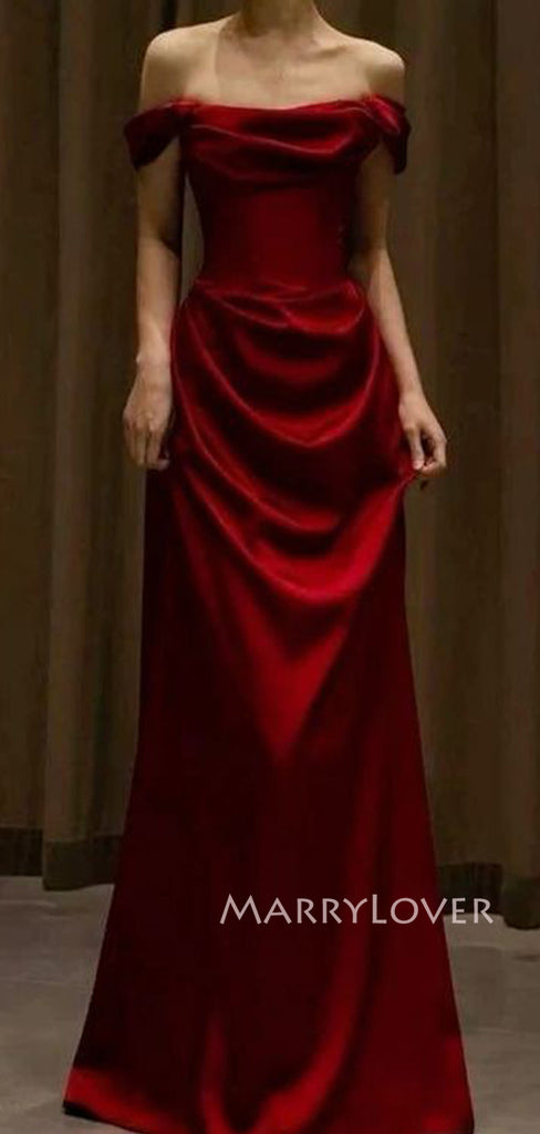 Burgundy Satin Off Shoulder Long Evening Prom Dresses, MR9444