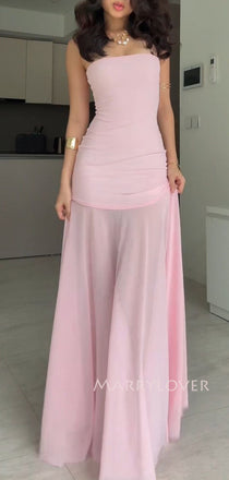 Pink Chiffon Strapless Mermaid Long Evening Prom Dresses, MR9448