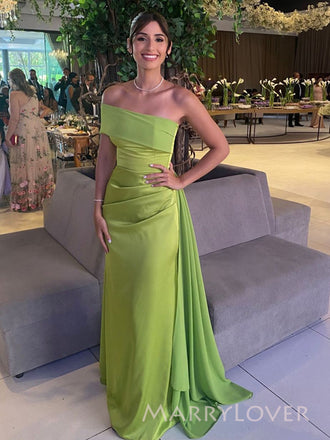 Green Satin Mermaid One Shoulder Long Evening Prom Dresses, MR9449