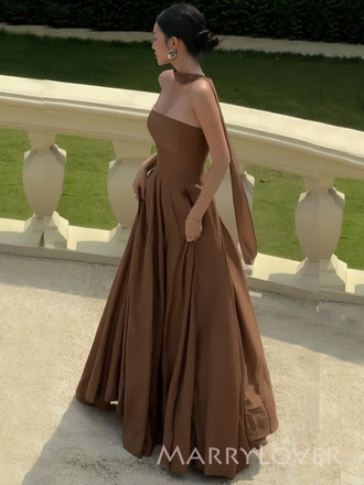 A-line Brown Strapless Long Evening Prom Dresses, MR9455