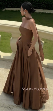 A-line Brown Strapless Long Evening Prom Dresses, MR9455