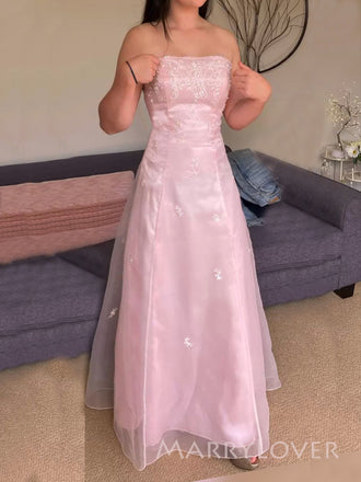 Lovely Pink Strapless A-line Appliques Long Evening Prom Dresses, MR9458