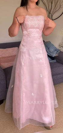 Lovely Pink Strapless A-line Appliques Long Evening Prom Dresses, MR9458