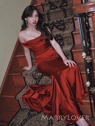 Off Shoulder Burgundy Satin Long Evening Prom Dresses, Mermaid Prom Dress, MR9461