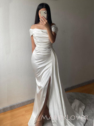 White Satin Mermaid Long Evening Prom Dresses, Off Shoulder Wedding dress, MR9462