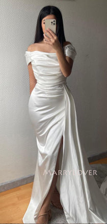 White Satin Mermaid Long Evening Prom Dresses, Off Shoulder Wedding dress, MR9462
