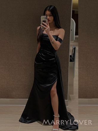 Black Satin Mermaid Long Evening Prom Dresses, Off Shoulder Prom Dress, MR9464