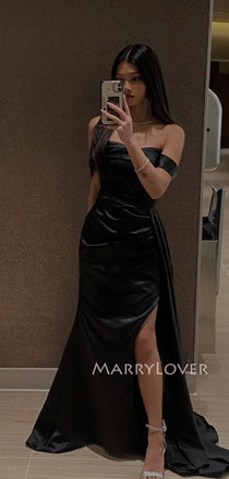 Black Satin Mermaid Long Evening Prom Dresses, Off Shoulder Prom Dress, MR9464