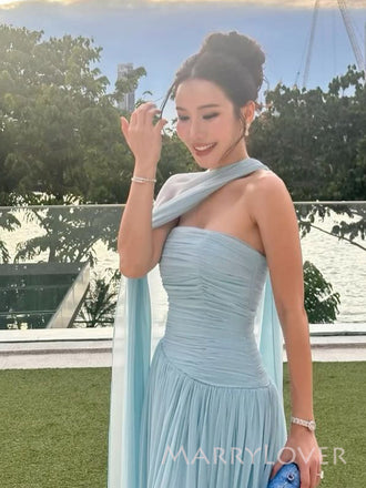 Mermaid Blue Chiffon Strapless Long Evening Prom Dresses, MR9466