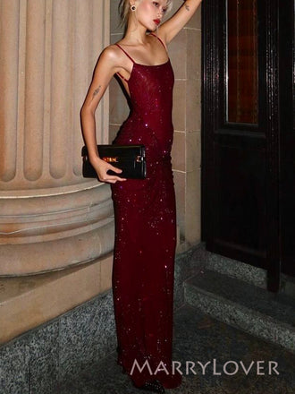 Burgundy Sparkly Mermaid Long Evening Prom Dresses, Spaghetti Straps Prom Dress, MR9468