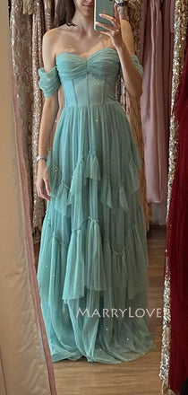 Blue Tulle A-line Long Evening Prom Dresses, Off Shoulder Prom Dress, MR9471