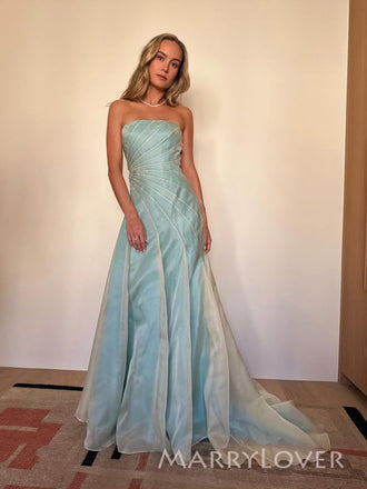 Formal Blue Organza Strapless Mermaid Long Evening Prom Dresses, MR9474
